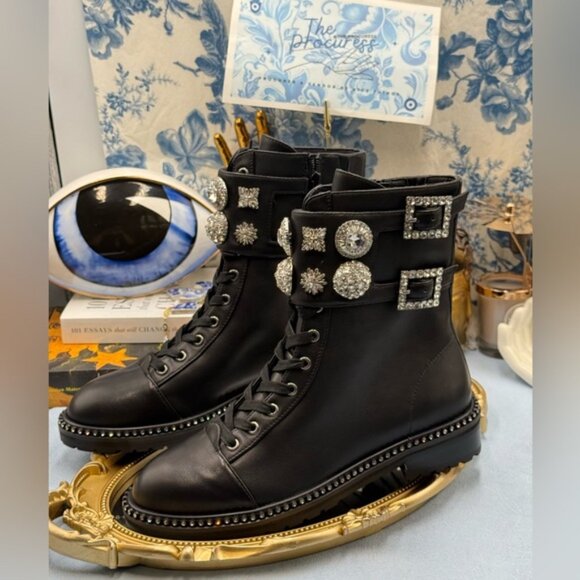 🆕 KURT GEIGER LONDON 🧿 NWOB Stoop Black Leather Combat Boot, Crystal Sz 37 US7 - Picture 7 of 15